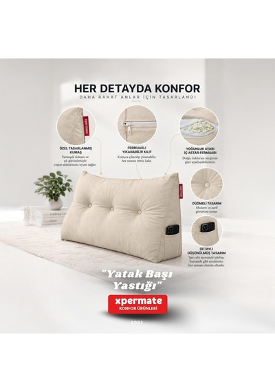Yatak Başı Yastığı Sırt ve Bel Destek Yastığı 120 CM Yaslanma ve Dinlenme Yastığı Bej