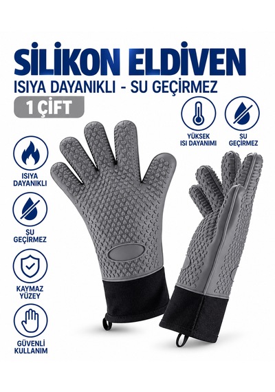 Silikon Eldiven - 1 Çift - Isıya Dayanıklı - Su Geçirmez Gri