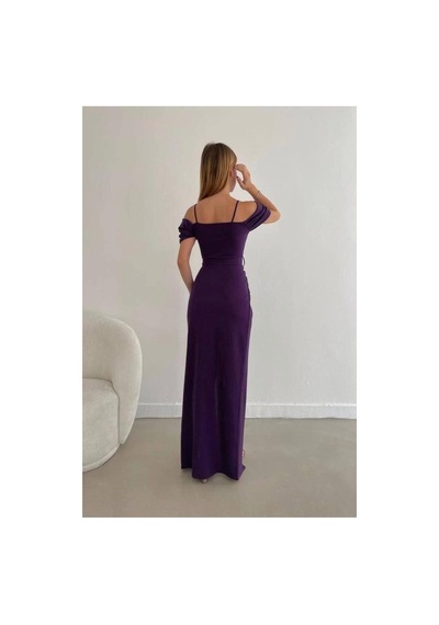 DefyModa Kadın Minimal Krep Kumaş V Yaka Yırtmaçlı Abiye Elbise Mor