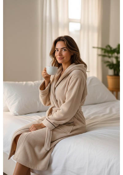 % 100 Pamuklu Laodikeia Kapşonlu Unisex Kadın Erkek Bornoz Bej