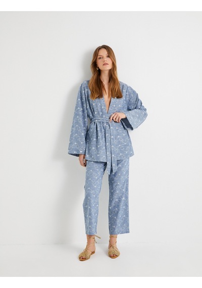 Koton Kimono Beli Kuşaklı Çiçek İşlemeli Fistolu Mavi 4sak50053pw Mavi