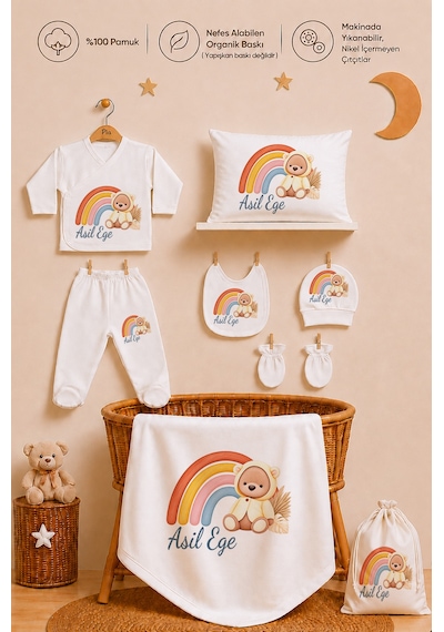 Pia Baby Kişiye Özel %100 Pamuk Erkek Bebek Hastane Çıkışı Zıbın Seti 8 Parça Kese Hediyeli 2013zybk3x Ekru