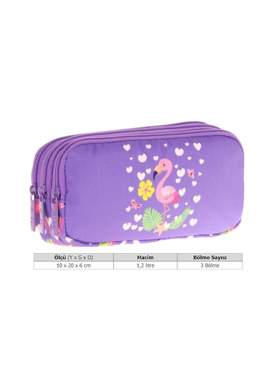 Kaukko Kids Üç Bölmeli Mor Pembe, Flamingo, Kız Çocuk Okul Kalemliği - L8226 Beyaz - Mor