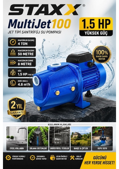 Staxx Stx15mj30 Multi Jet 100 Metal Dişli Sistem Tam Bakır Sargılı 1.5 Hp Büyük Su Pompası 8mt Emiş