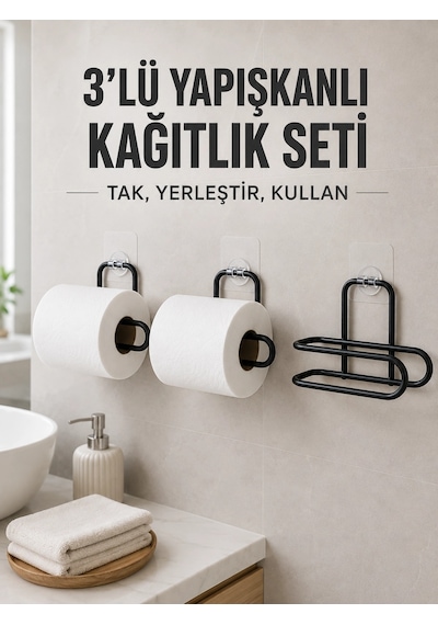 3 Lü Siyah Duvar Tipi Kağıtlık Seti Yapışkanlı Pratik Rulo Tutucu Antrasit Melanj