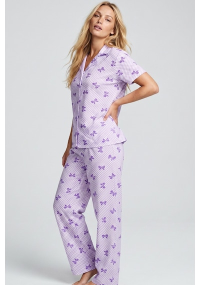 Siyah İnci İnce Soft Örme Mevsimlik Düğmeli Pijama Takımı 8002 Lila Fiyonk