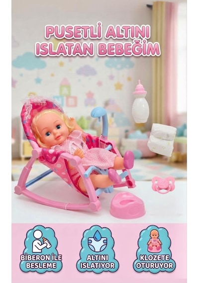 Sallanır Pusetli Altını Islatan Konuşan Kafası Ve Kolları Et 32 Cm Bebek Biberon Emzik Klozet Seti