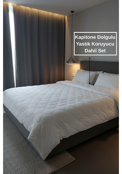 Ultra Yumuşak Kapitone Silikon Yorgan Tek Kişilik 155x215cm 1 Adet Yastık Koruyucu Kılıf Dahil Beyaz