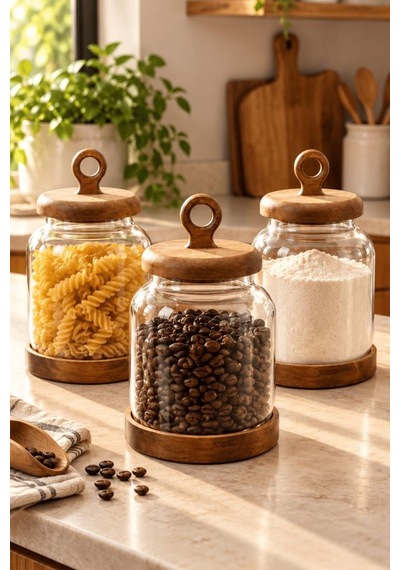 Atbyhome 3'lü Akasya Altlıklı Halka Kulplu Cam Erzak Kavanozu 1100 Ml - Vakumlu Kiler Bakliyat Saklama Kabı Seti Ahşap