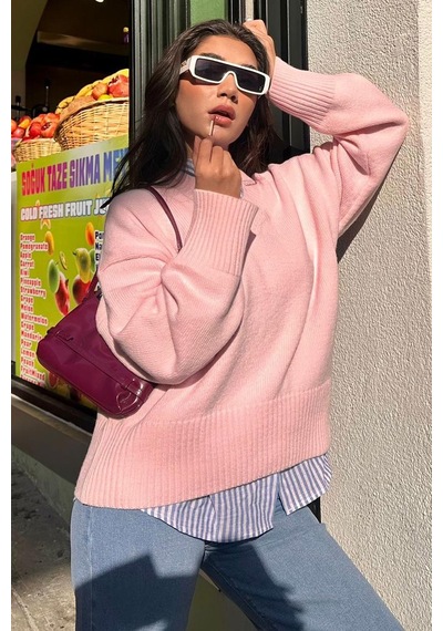 Madmext Pembe V Yaka Oversize Kadın Triko Kazak Mg2149 Pembe