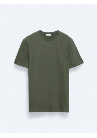 Kip Haki Düz Bisiklet Yaka %100 Pamuk T-shirt Haki
