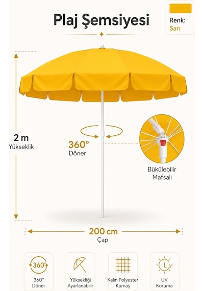 Sarı Plaj Şemsiyesi 200 Cm Çap /10 Telli, Polyester Kumaş Sarı