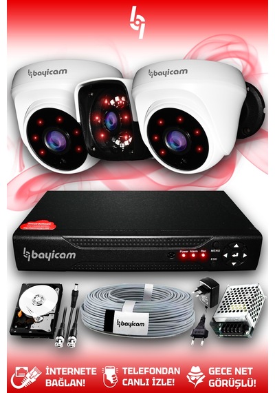 Bayicam 3 Kameralı Panda 2 İç Kamera Set 1 TB HDD Full HD Gece Görüşlü Güvenlik Kamerası Sistemi