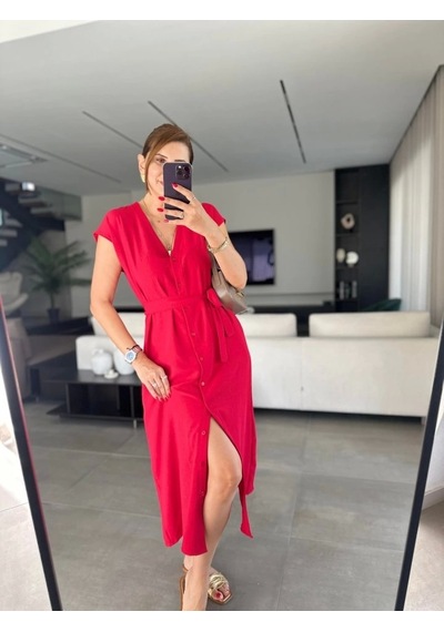 Defymoda Kadınn V Yaka Düğme Detay Kuşak Dahil Elbise Kırmızı