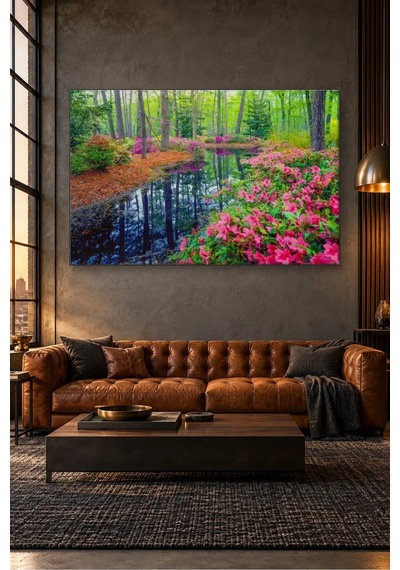 Fida Pembe Açelyalı Orman Göleti Canvas Tablo Çok Renkli