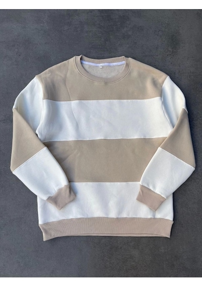 Tua Moda Parçalı Bisiklet Yaka Baskılı Sweatshirt - Bej Bej