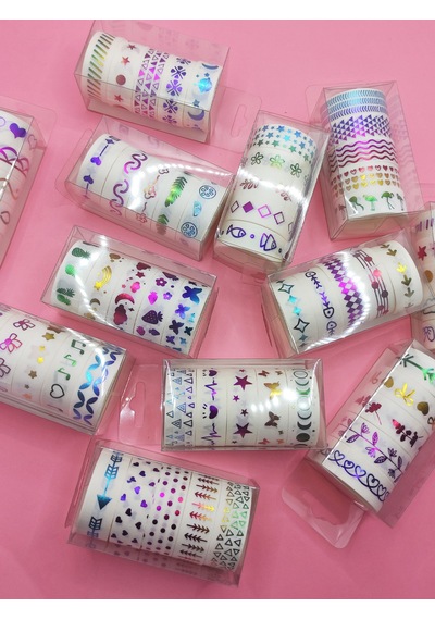 Renkli Yaldızlı Vintage Washi Tape Bant Yapışkanlı Maskeleme Kağıdı 5 Lı - Kiraz 1
