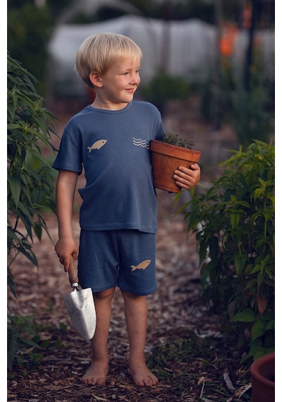 Antebies Bambu, Sustainable, Mavi,balık Nakışlı Kısa Kollu Erkek Çocuk Tshirt Şort Takımı Lacivert