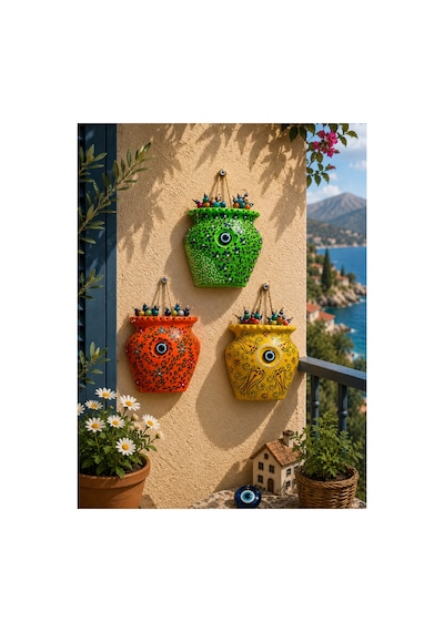 Çini Desenli Saksı Ev Dekorasyon Duvar Dekorasyon Bahçe Dekorasyon Balkon Dekorasyon Süsü 3 ' Lü Set Turuncu