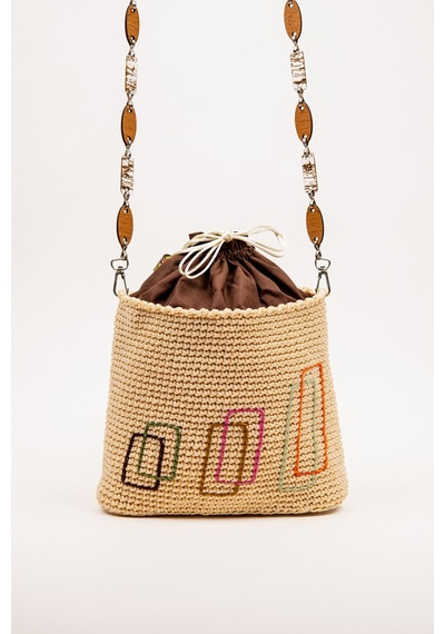 Fabric Craft Bag Örgü Omuz Çantası Metal Zincir Askılı Astarlı Boho Bej - Sütlü Kahve
