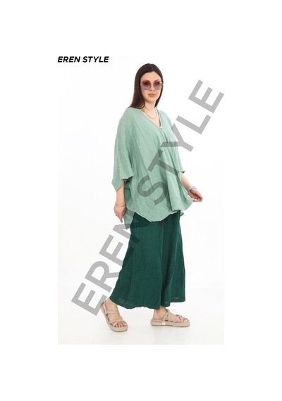 Eren Style Bohem Kuruvaze Tek Düğmeli Keten Bluz-9884 Su Yeşili