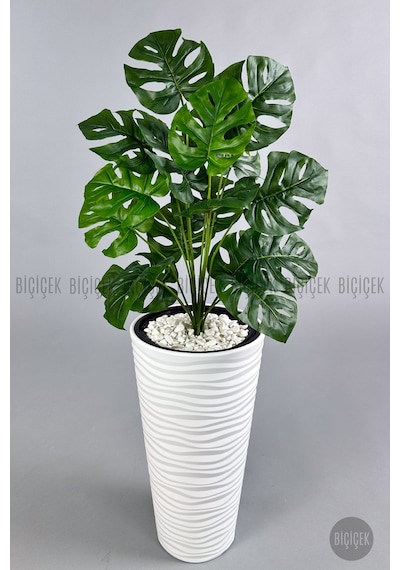 Biçiçek Yapay Monstera Deve Tabani Bi̇tki̇si̇ 130 Cm Beyaz Kumsal Saksıda