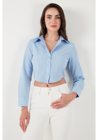 Lela Pamuk Karışımlı Slim Fit Uzun Kollu Crop Bayan Gömlek 6777336 Bebe Mavi