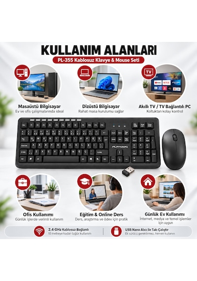 Platoon Pl-355 Kablosuz Türkçe Q Klavye Mouse Seti 2.4 Ghz Usb Nano Alıcılı Multimedya Optik