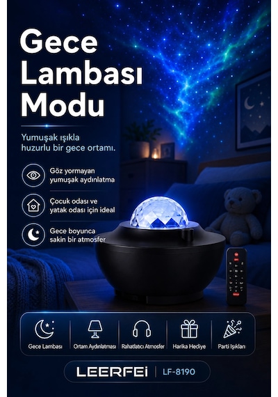 Uzaktan Kumandalı Yıldızlı Gökyüzü Projektörü Gece Lambası Ambiyans Işıklı Çok Renkli