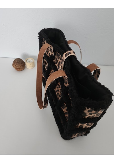 Fikriharika Design Leopar Desenli, Kürk İp, Büyük Boy, Kadın Omuz Çantası Siyah - Leopar