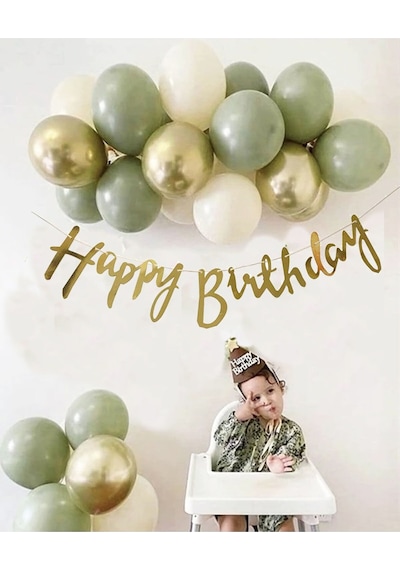 7 Küf Yeşili 3 Krom Gold 3 Kum Rengi Pastel Balon Gold Happy Birthday Banner Mini Zincir Balon Seti