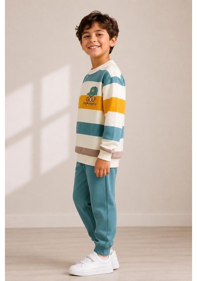 Pina Kids Erkek Çocuk Çizgili Desenli Okul Günlük Eşofman Takımı Esf7036 Mint