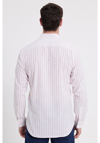 Tudors Erkek Slim Fit Dar Kesim Uzun Kollu %100 Pamuk Keten Doku Çizgili Gömlek-42653 Beyaz