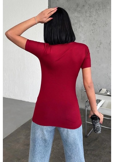 Armüz Rahat Ve Şık Kısa Kollu Bisiklet Yaka Likralı Viskon Penye Body Bordo