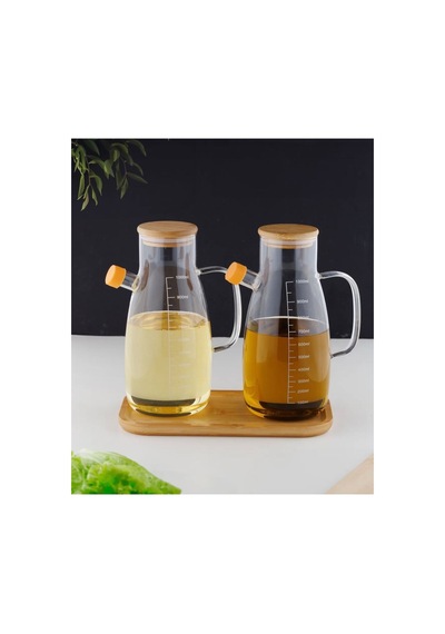 Bambu Standlı 2 Li 1000ml Borosilikat Cam Bambu Kapaklı Yağdanlık Set Ayçiçek Zeytinyağı Yağlık Şeffaf 627634794 Şeffaf