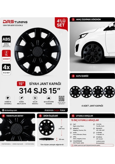 Volkswagen Uyumlu 15 Inç Kırılmaz Parlak Siyah Jant Kapağı 1 Takım 4 Adet No:314