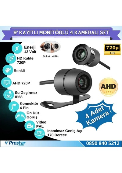 9 Inç Dörde Bölünür Kayıtlı 256gb Sd Destekli 4 Kameralı 720p Ahd 4 Pin Soketli Tak Kullan Kamera Seti