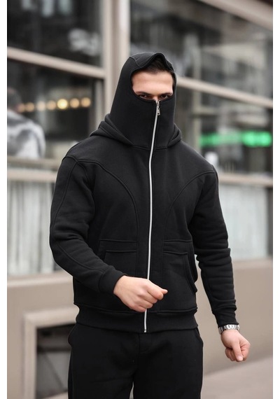 Barlashive Erkek 3 İplik Şardonlu Maskeli Ninja Model Çift Kapüşonlu Fermuarlı 4 Cepli Sweatshirt- Siyah Çok Renkli