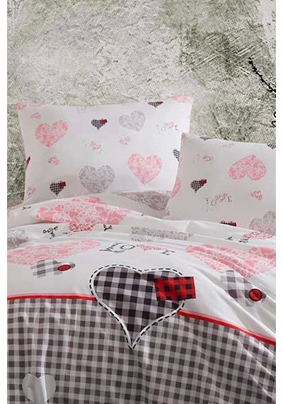 Çift Kişilik Lastikli Çarşaflı Pamuklu Nevresim Takımı Patchwork Love Renkli
