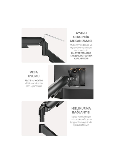 17-32 Çift Kollu Monitör Kolu Vesa Uyumlu Tam Hareketli 9+9 Kg Taşıma Kapasiteli Monitör Standı