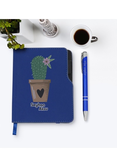 Kişiye Özel Kaktüs Tasarımlı Lacivert Termo Deri Defter Kalem Set N11.2128