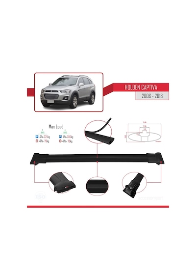 Holden Captiva 2006-2018 Arası İle Uyumlu Fly Model Ara Atkı Tavan Barı Siyah 3 Adet Bar
