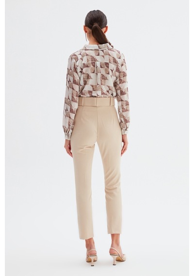 Sateen Yüksek Bel Kemerli Pantolon - Bej