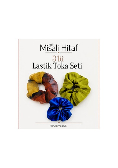 3'lü Lastik Toka Seti Kadın Saç Tokası Saç Lastiği Turuncu - Yeşil - Lacivert