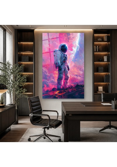 Pembe Bulutlarda Yürüyen Astronot Çerçevesiz Cam Tablo