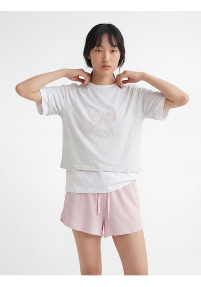 Koton Slim Fit Kısa Kollu Bisiklet Yaka Fiyonk Nakışlı Tişört Kar Melanj 6sal10701ık Gri Melanj