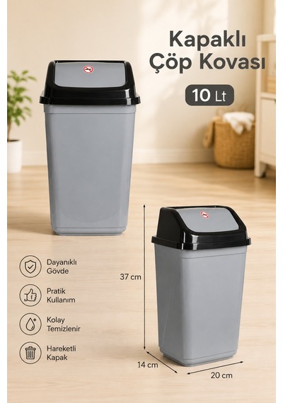 Sallanır Kapaklı Çöp Kovası Gri Mutfak Banyo Ofis Çöp Kutusu 5l - 10l - 20l - 30l Gri - 914200115 Gri