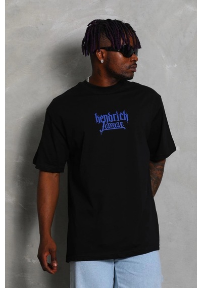 Barlashive Erkek Baskılı Tişört Kısa Kol Bisiklet Yaka Oversize T-shirt - - Siyah Çok Renkli