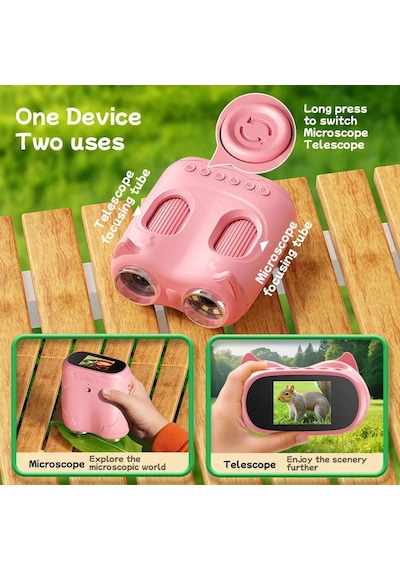 387 Pembe 2'si 1 Arada Dijital Çocuk Mikroskobu & Dürbün - 1000x Büyütme, 1000 Metre Menzil, 2 Mp Full Hd Ekranlı Eğitici Bilim Kiti