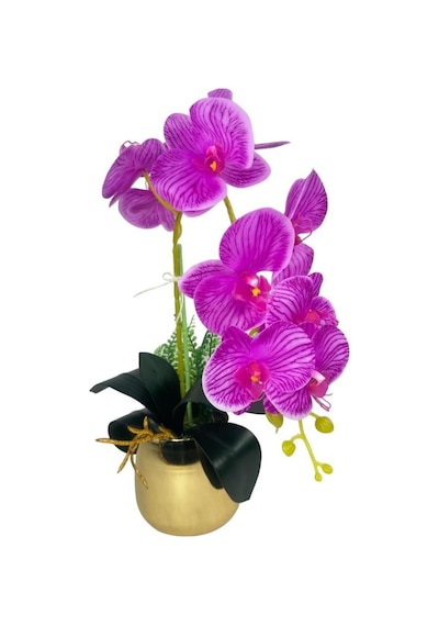 Yapay Çiçek Fuşya Islak Orkide Gold Metal Saksıda Seramik Saksıda Orkide 60cm